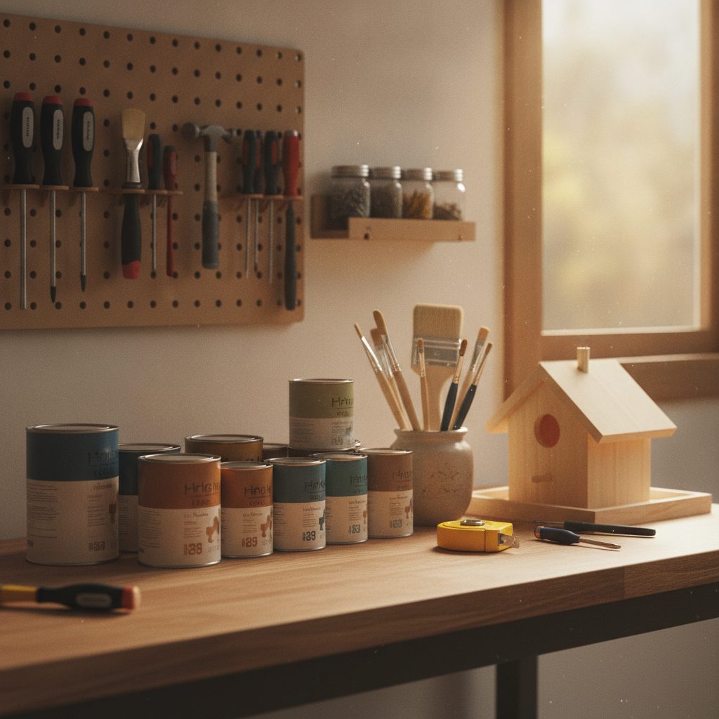 An organized home workbench with paint cans, brushes and a tape measure on a sunlit wood surface